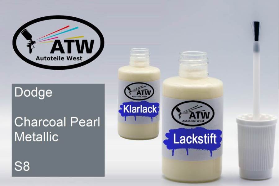 Dodge, Charcoal Pearl Metallic, S8: 20ml Lackstift + 20ml Klarlack - Set, von ATW Autoteile West.
